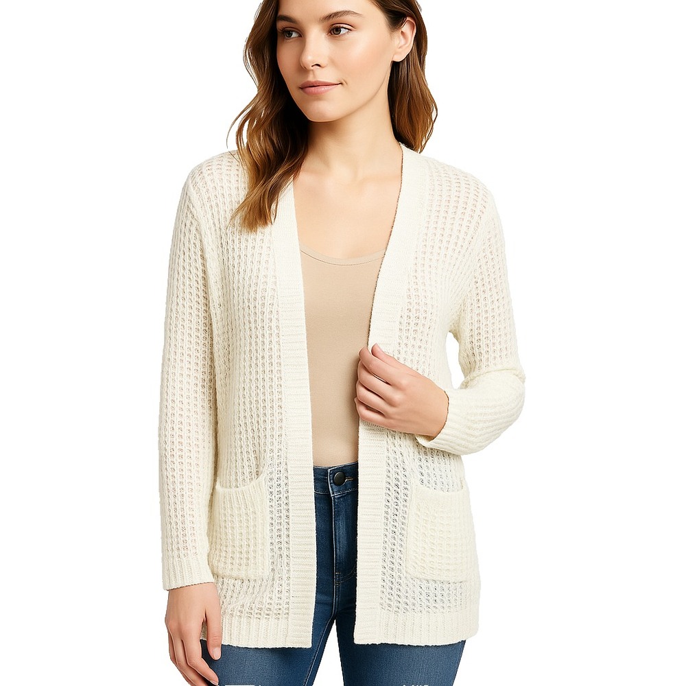 Miracle Open Knit Ivory Long Sleeve‎ Pocket Cardigan Sweater NWT Womens M